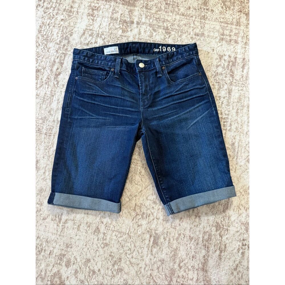 Gap 1969 Women's Cuffed Hem Whiskering Skinny Bermuda Denim Shorts Blue Size 27